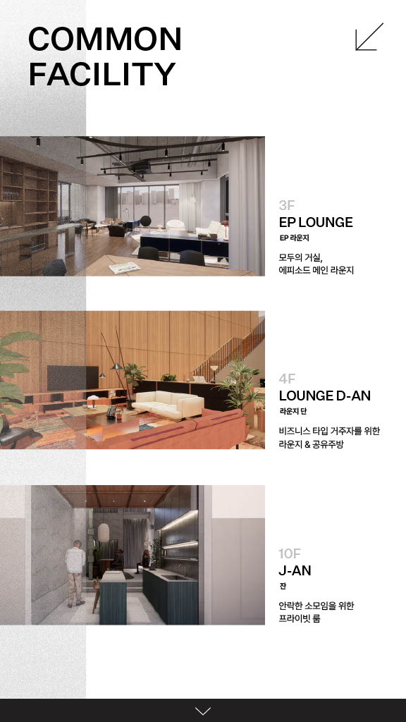 COMMON FACILITY - 3F EP LOUNGE EP 라운지 모두의 거실, 에피소드 메인 라운지, 4F LOUNGE D-AN 라운지 단 비즈니스 타입 거주자를 위한 라운지 & 공유주방, 10F J-AN 잔 안락한 소모임을 위한 프라이빗 룸